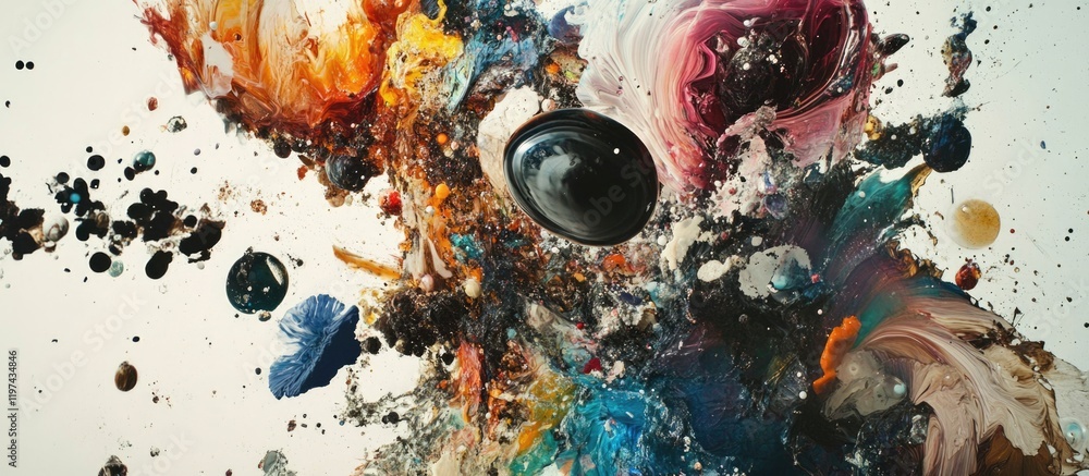 Poster colorful abstract composition with swirling paint textures and dark circular elements on a white bac