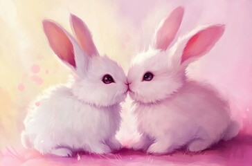 Cute cartoon-style drawing of two bunnies in love, with a pink background