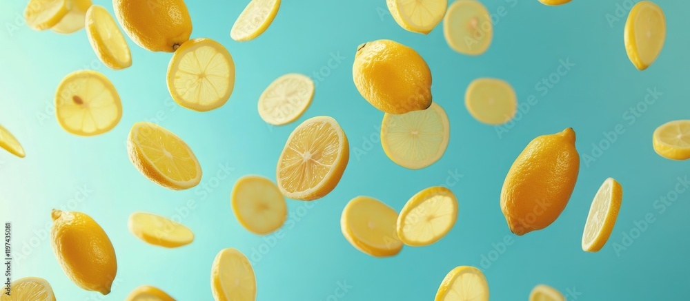 Poster falling fresh lemons and lemon slices on a blue background with copy space for text placement
