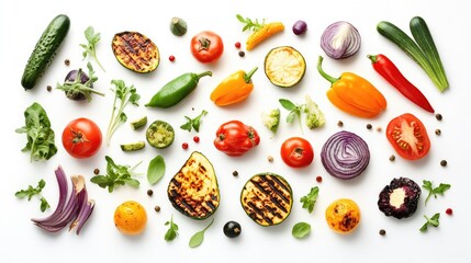 Colorful Assorted Grilled Vegetables on Light Background with Fresh Herbs Including Cucumbers Tomatoes Peppers and Onions Flat Lay Arrangement