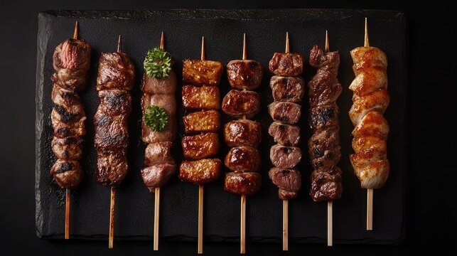 Variety of Grilled Meat Skewers on a Dark Slate Surface with Distinct Colors and Textures, Captured from Above