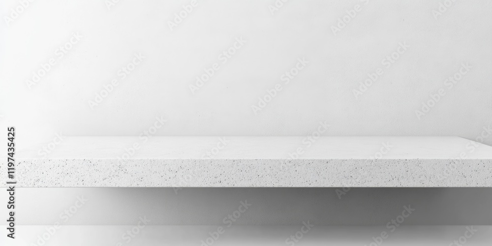 Poster minimalist white display shelf with textured surface against plain background featuring ample copy s