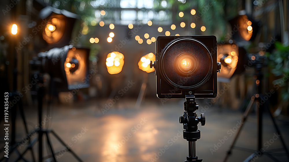 Poster studio lighting setup with multiple lights focused on a central point in a lush green environment