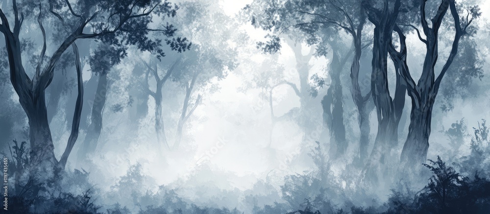 Poster foggy forest landscape with tall trees and mist, atmospheric scene with soft light and ample copy sp