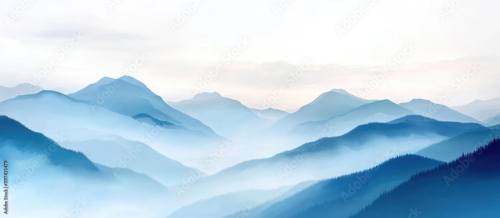 Poster blue mountain landscape with layered peaks in misty atmosphere and soft color gradients providing am