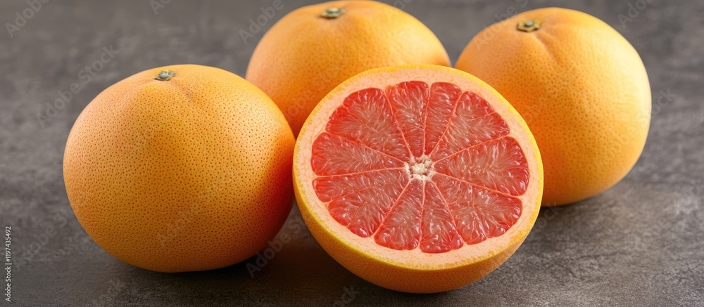 Poster fresh grapefruits with one sliced in half showcasing juicy red flesh on a textured surface with copy