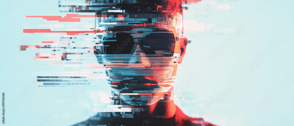 Poster glitch effect creates distorted human form with digital data bending and fragmentation