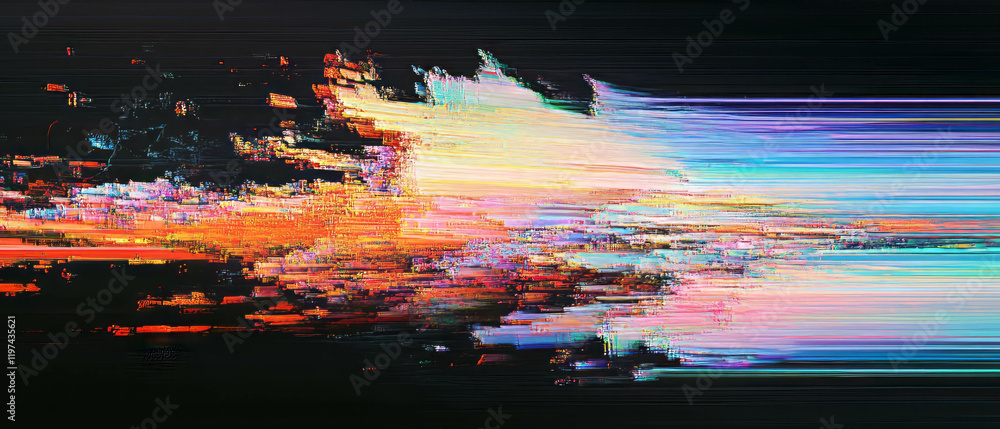 Poster glitch effect showcasing distorted digital data with vibrant colors and fragmented visuals