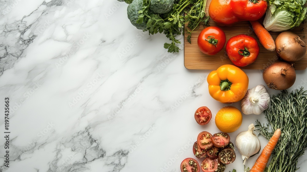 Poster top view of assorted organic vegetables and fruits in vibrant colors on white marble background with