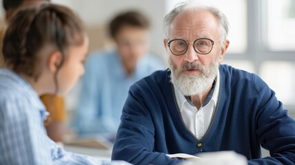 Fototapeta premium An elderly man with glasses engages in conversation with a young woman, highlighting intergenerational communication in a casual setting.