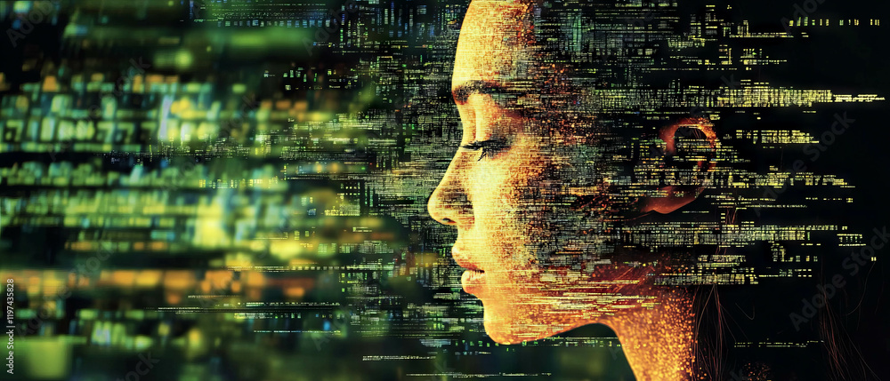 Aufkleber digital decay effects showcasing the distortion of data and human form in a futuristic setting