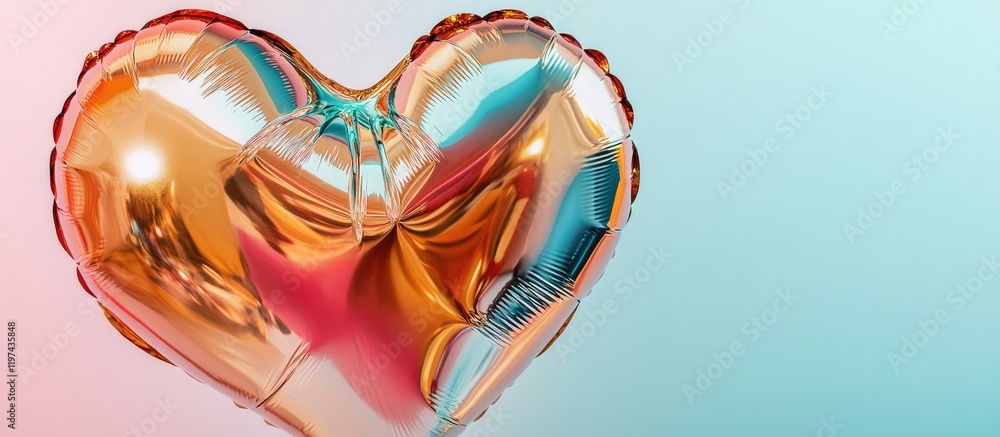 Poster heart-shaped metallic balloon with shimmering colors on a gradient background copy space
