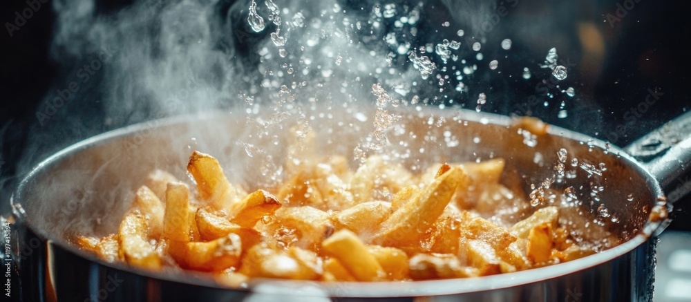 Poster fried potato wedges in a pan with steam and water droplets creating dynamic motion copy space