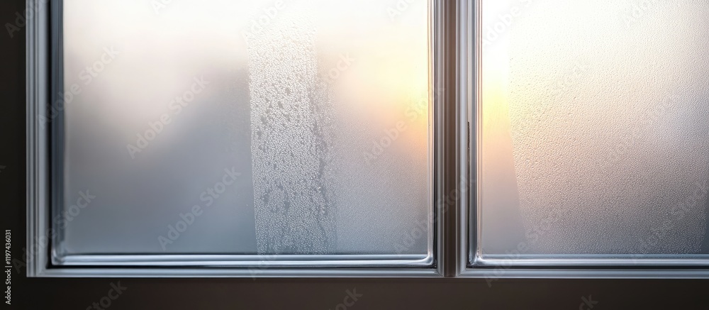 Poster frosted glass window with sunset light reflection and soft focus background featuring natural patter