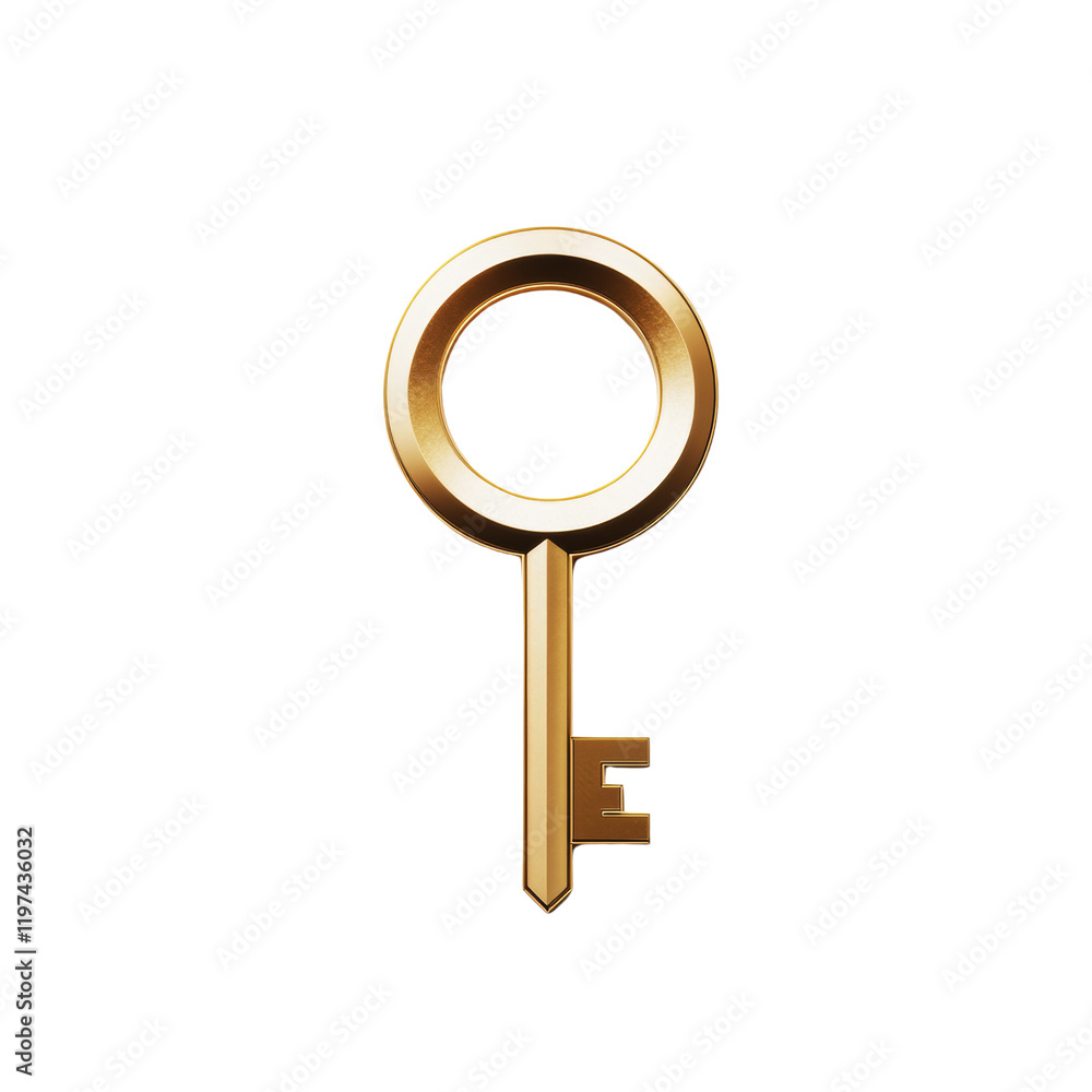 Poster the image shows a detailed 3d render of a golden key against a black background.
