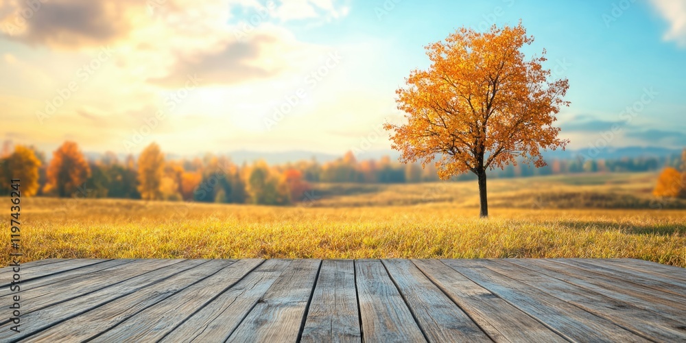 Poster autumn landscape with a solitary tree in a field during sunset featuring a wooden deck in the foregr