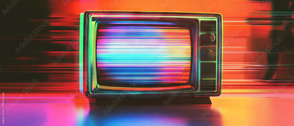 Poster glitch effect creating colorful scan lines reminiscent of old television screens