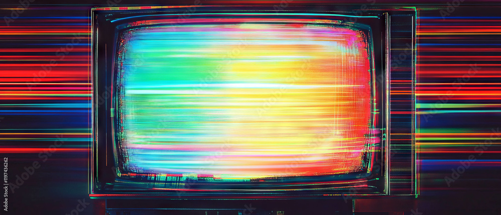 Poster vintage retro glitch effect with scan lines showcasing distorted digital colors