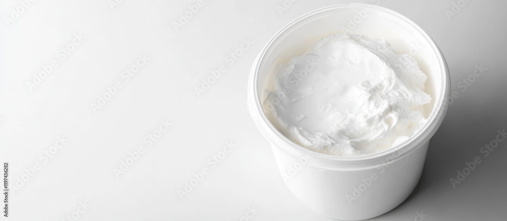 Aufkleber White yogurt in a clean round container on a plain white background with ample copy space for text placement