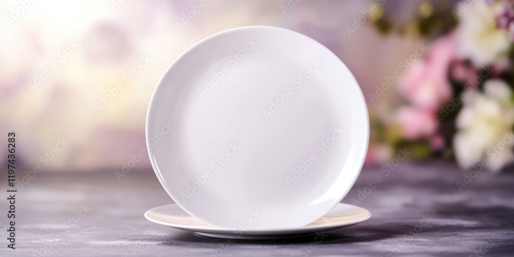 Poster white ceramic plates stacked on each other with floral background and soft bokeh effect, includes am