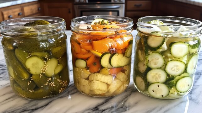Assorted Colorful Homemade Pickles in Glass Jars on Marble Countertop with Kitchen Background in Natural Light