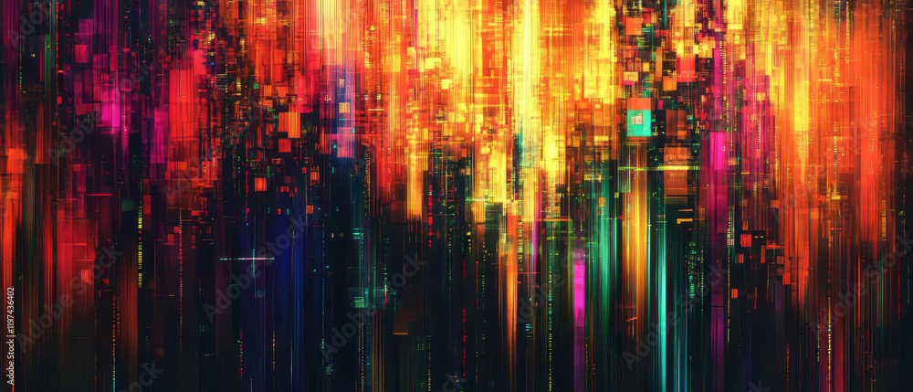 Aufkleber exploring digital chaos through glitch effect and vibrant static noise in vivid colors