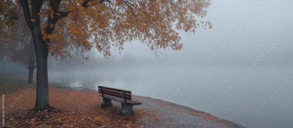 Poster misty lakeside view with empty bench surrounded by autumn foliage and tranquil water reflections cop