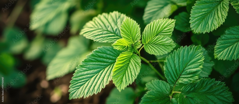 Poster close-up of lush green leaves with detailed textures in a natural setting featuring copy space for t
