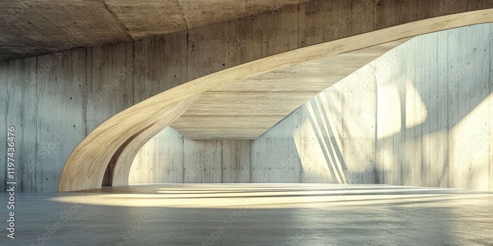 Poster modern architectural interior with curved concrete elements and natural light creating dynamic shado