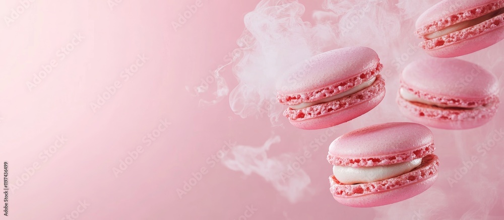 Poster pink macarons floating against a soft pink background with smoke effect and ample copy space for tex