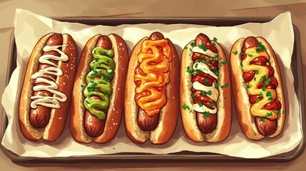 Variety of hotdogs garnished with colorful sauces on a parchment-lined tray, displaying a range of toppings and textures.