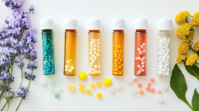 Assorted homeopathic remedies in colorful vials on a white background with purple and yellow flowers and colorful pellets scattered around