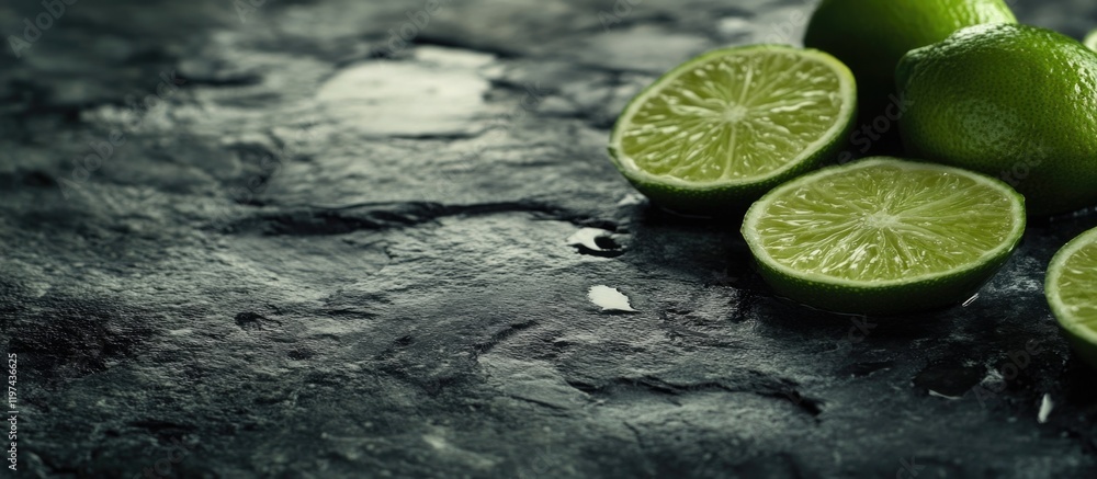 Aufkleber freshly cut lime slices on dark textured stone surface with copy space for text. high-resolution foo