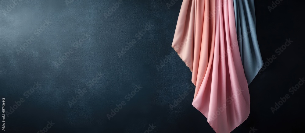 Poster colorful draped satin fabric on dark background with soft lighting and copy space for text placement