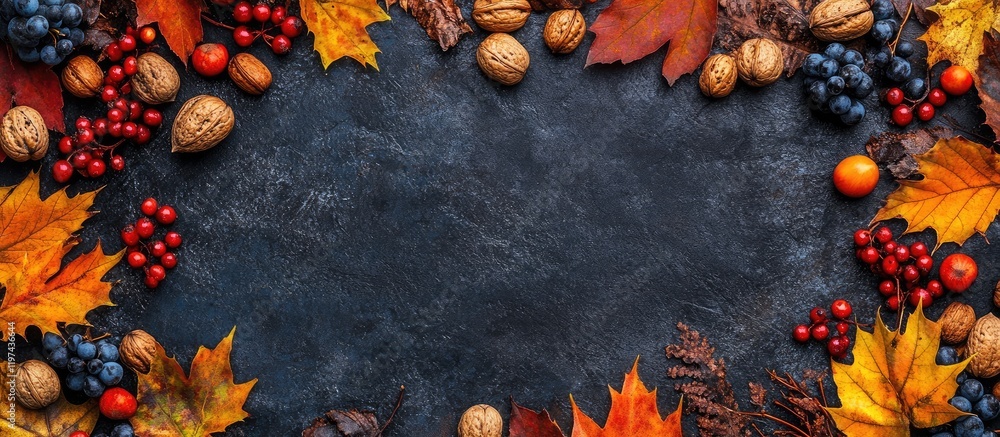 Poster vibrant autumn arrangement of colorful fall leaves, red berries, and assorted nuts on a dark slate b