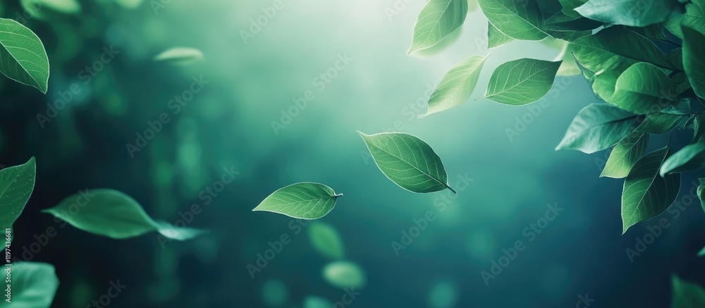 Poster green leaves floating in soft light with a blurred background copy space