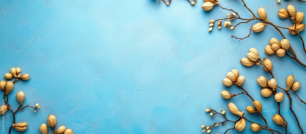 Poster pistachio nuts with branches on blue background with copy space for text or design elements