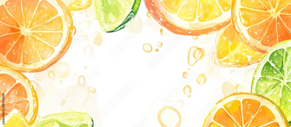Poster citrus fruit slices including oranges lemons and limes arranged with copy space for text on a white 