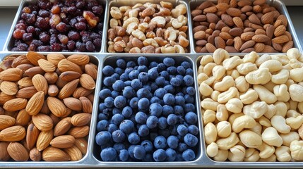 Variety of nuts arranged in metal trays with dark blueberries in the background, highlighting textures and colors.