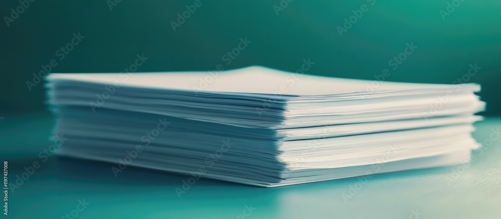 Poster stack of blank white paper sheets on a green background with copy space for text or design elements.