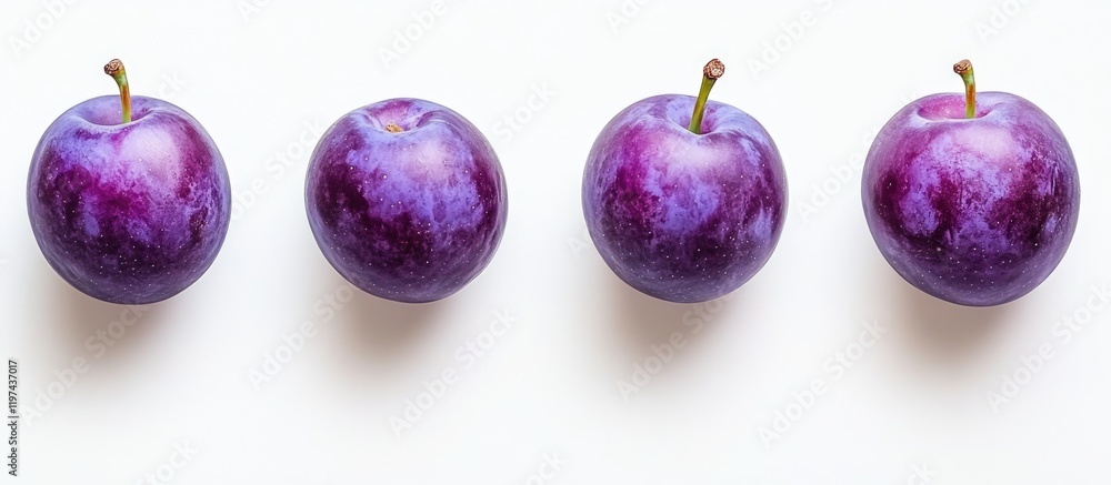 Aufkleber four ripe purple plums arranged in a row on a white background with ample copy space for text insert