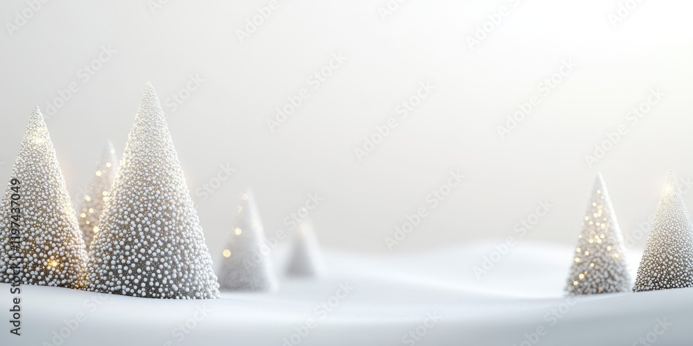 Poster winter landscape with snowy fir trees and soft lighting on white background with ample copy space fo