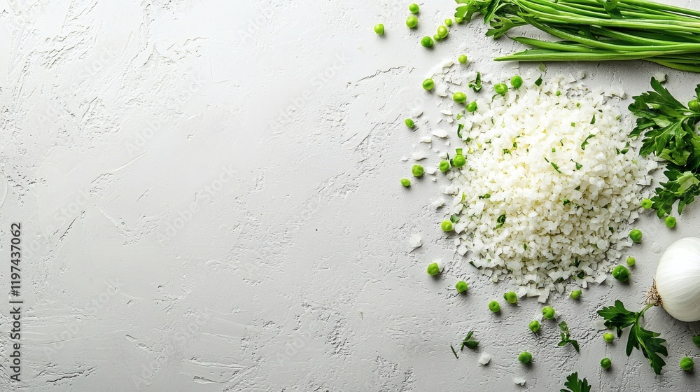 Poster Isolated of finely chopped onions arranged neatly for culinary preparation Stock Photo with side copy space