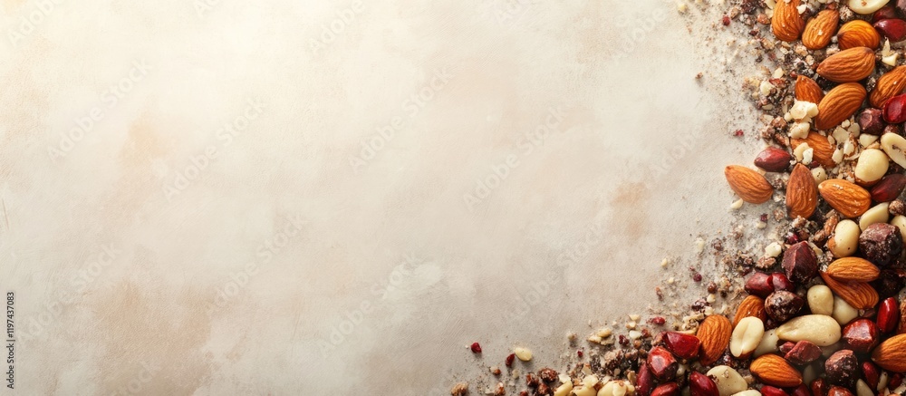 Poster mixed nuts and seeds on textured background with copy space for text or branding