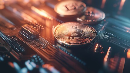 A close-up of the Bitcoin logo on top of several other coins.