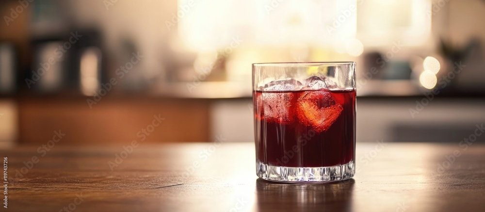 Aufkleber refreshing strawberry drink in a glass with ice on wooden table with soft background and copy space