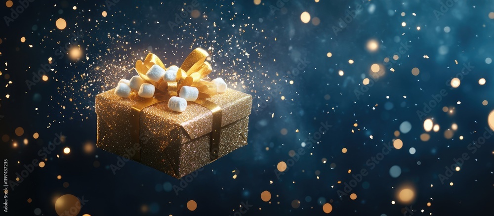 Poster gift box with golden ribbons and decorative elements on blue background with sparkling bokeh lights 
