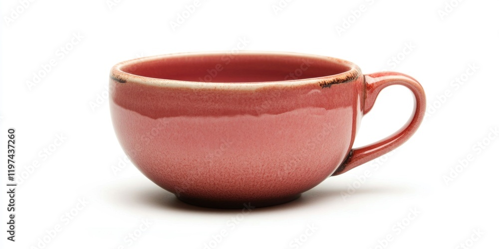 Poster ceramic cup with a glossy red finish and a handle isolated on a white background with copy space