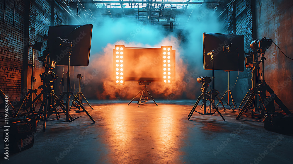 Poster a cinematic studio setup featuring bright lights and smoke, creating an atmospheric backdrop for fil