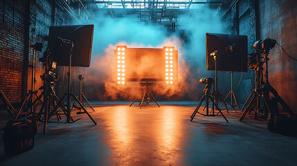 A cinematic studio setup featuring bright lights and smoke, creating an atmospheric backdrop for filming